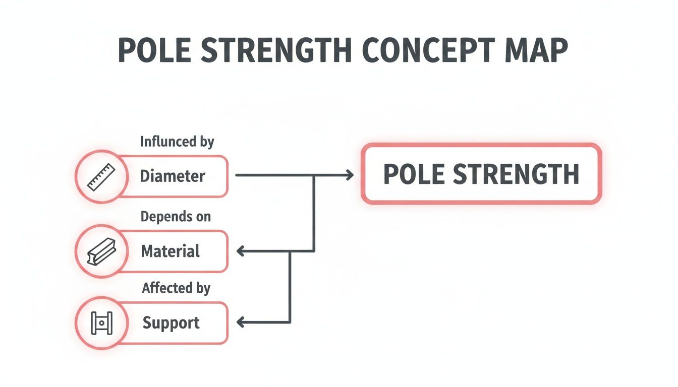 A concept map illustrating the factors influencing pole strength: diameter, material, and support.