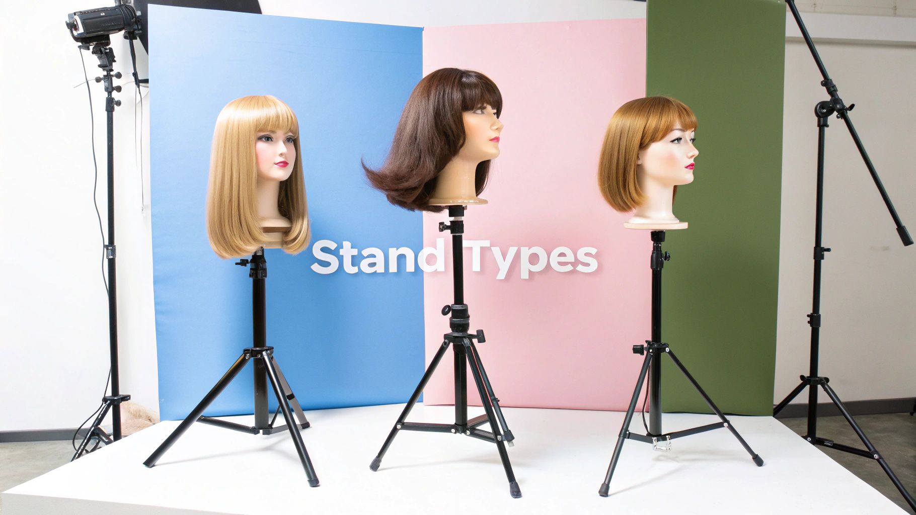 Three wig mannequin heads with different colored wigs on black tripod stands in a studio setting.