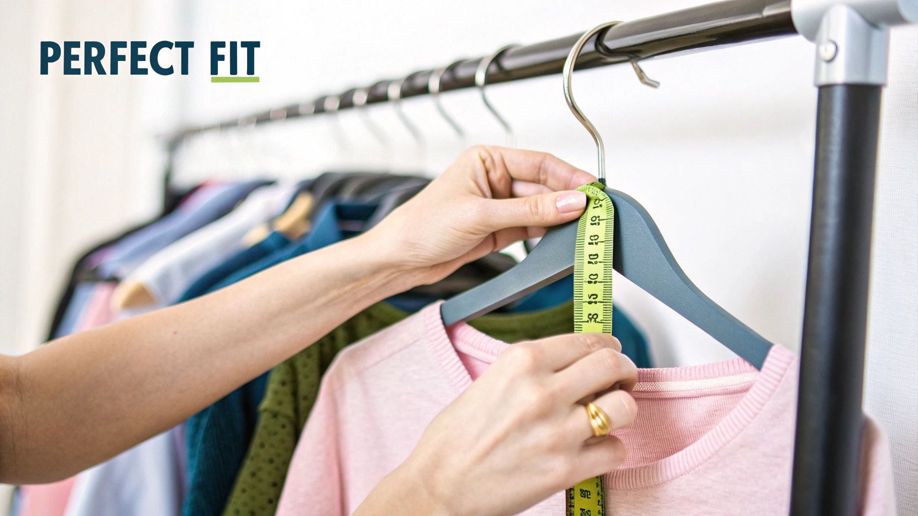 Woman measuring pink sweater on hanger with tape measure for perfect clothing fit