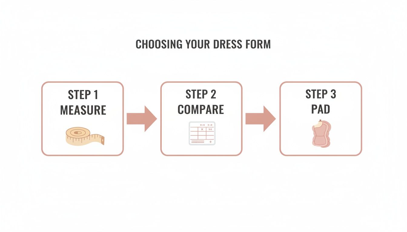 A diagram illustrating three steps for choosing your dress form: measure, compare, and pad.