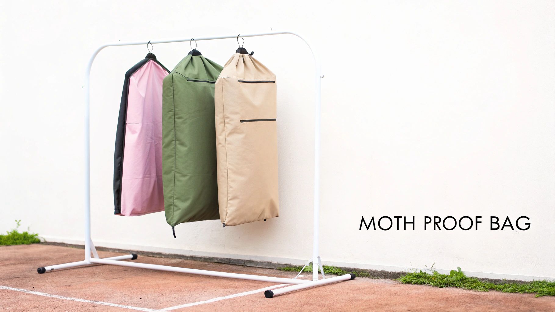 Pink, green, and beige moth-proof garment bags on a white clothing rack outside.