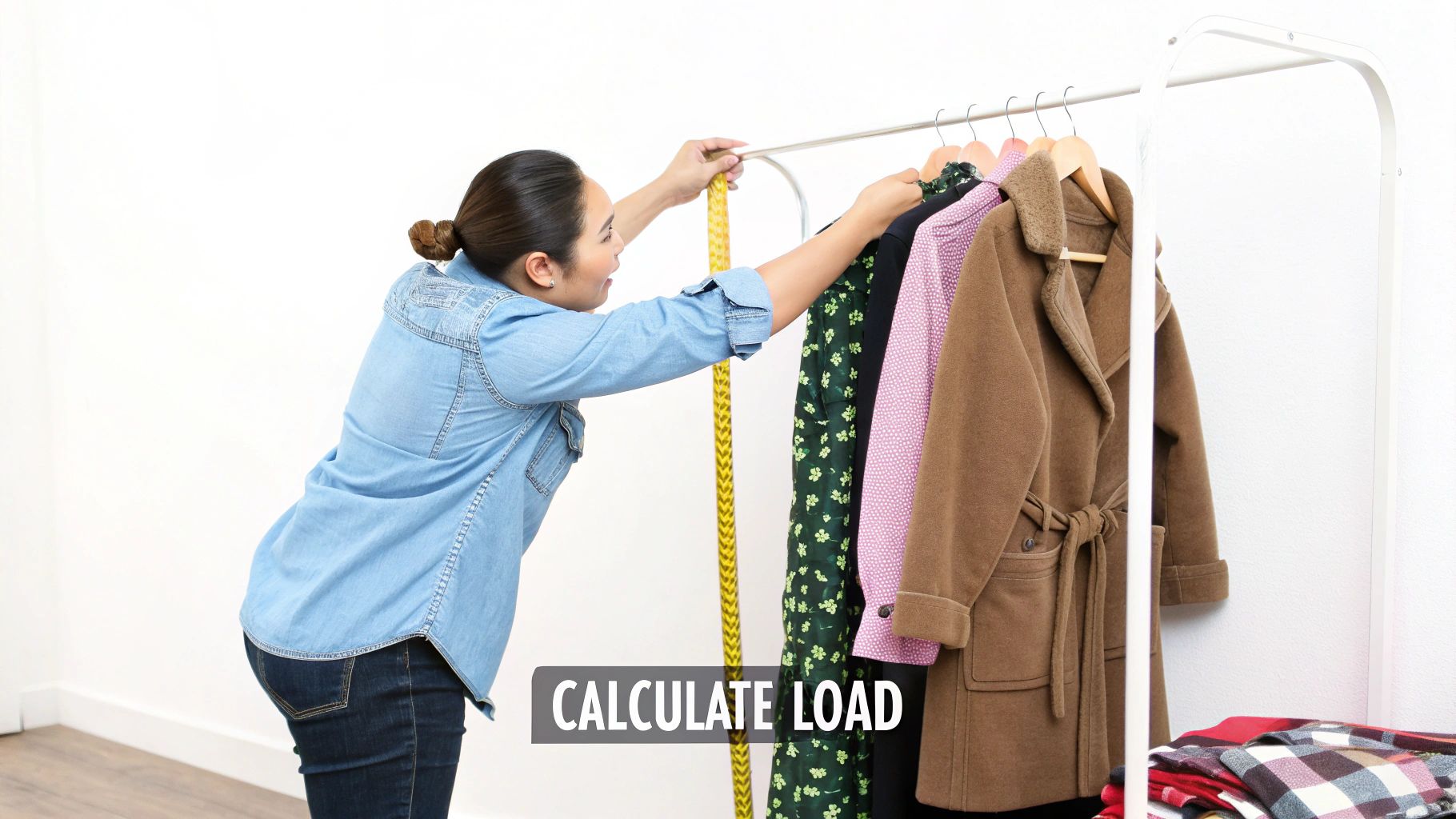 Several heavy winter coats hanging on a sturdy wall-mounted clothes rail, demonstrating load capacity.