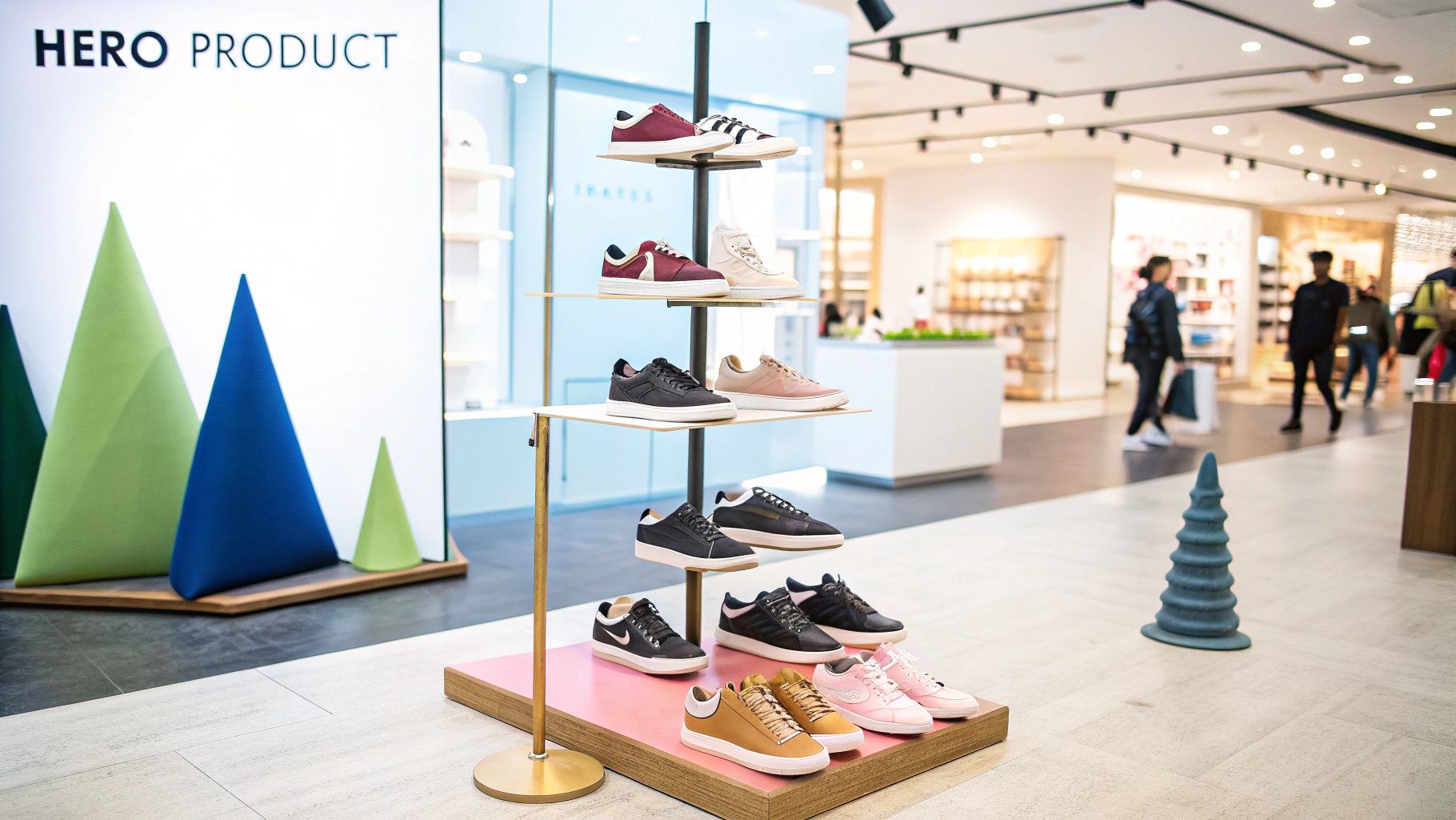 A stylish display of shoes on a minimalist rack, highlighting merchandising techniques