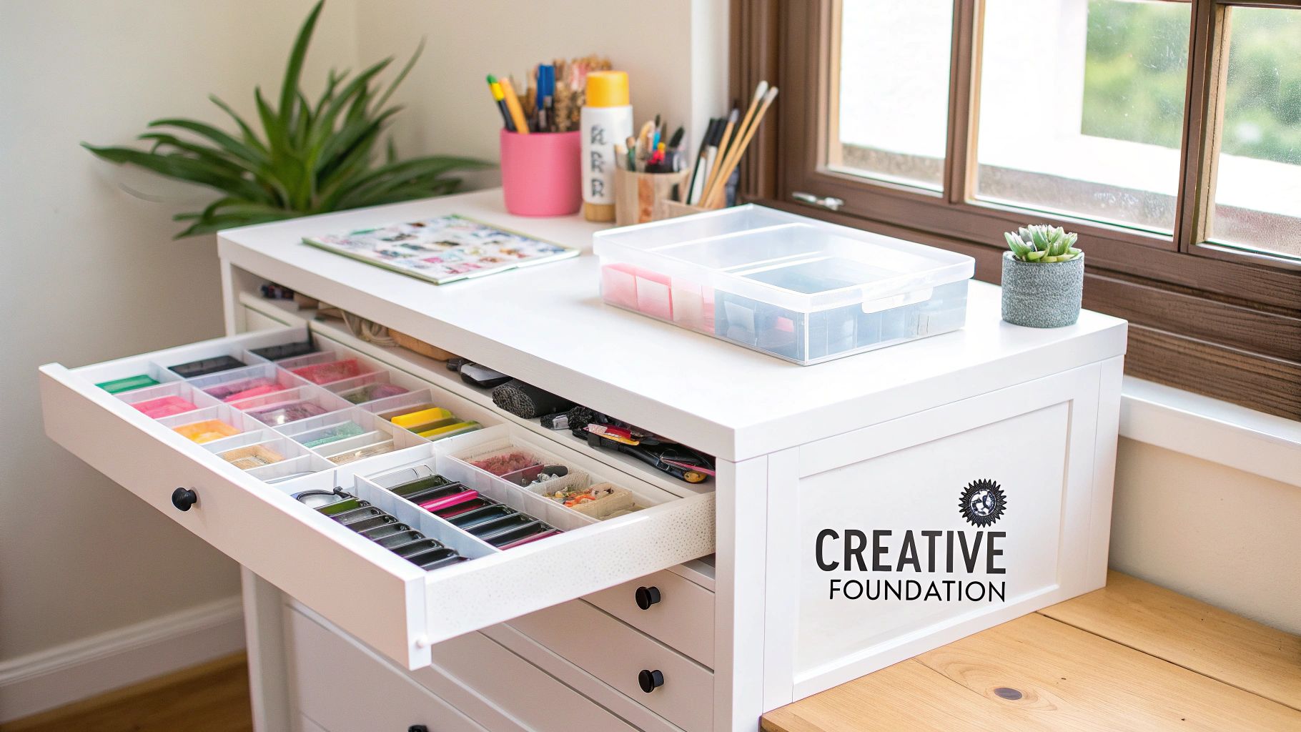 Organized white craft desk with open drawer showing various colorful art and craft supplies.