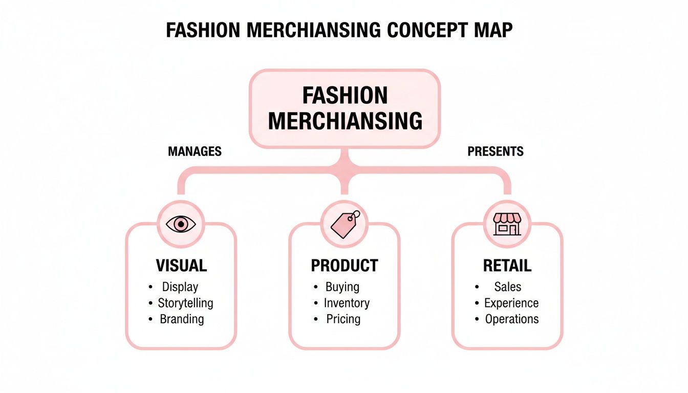 A fashion merchandising concept map illustrating visual, product, and retail aspects with key elements.