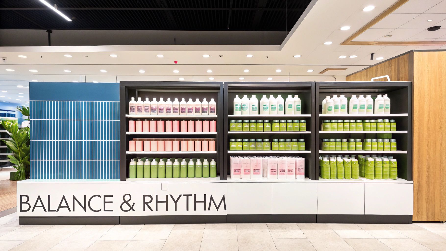 Modern retail store display featuring neatly organized product bottles in various colors, alongside 'BALANCE & RHYTHM' branding.