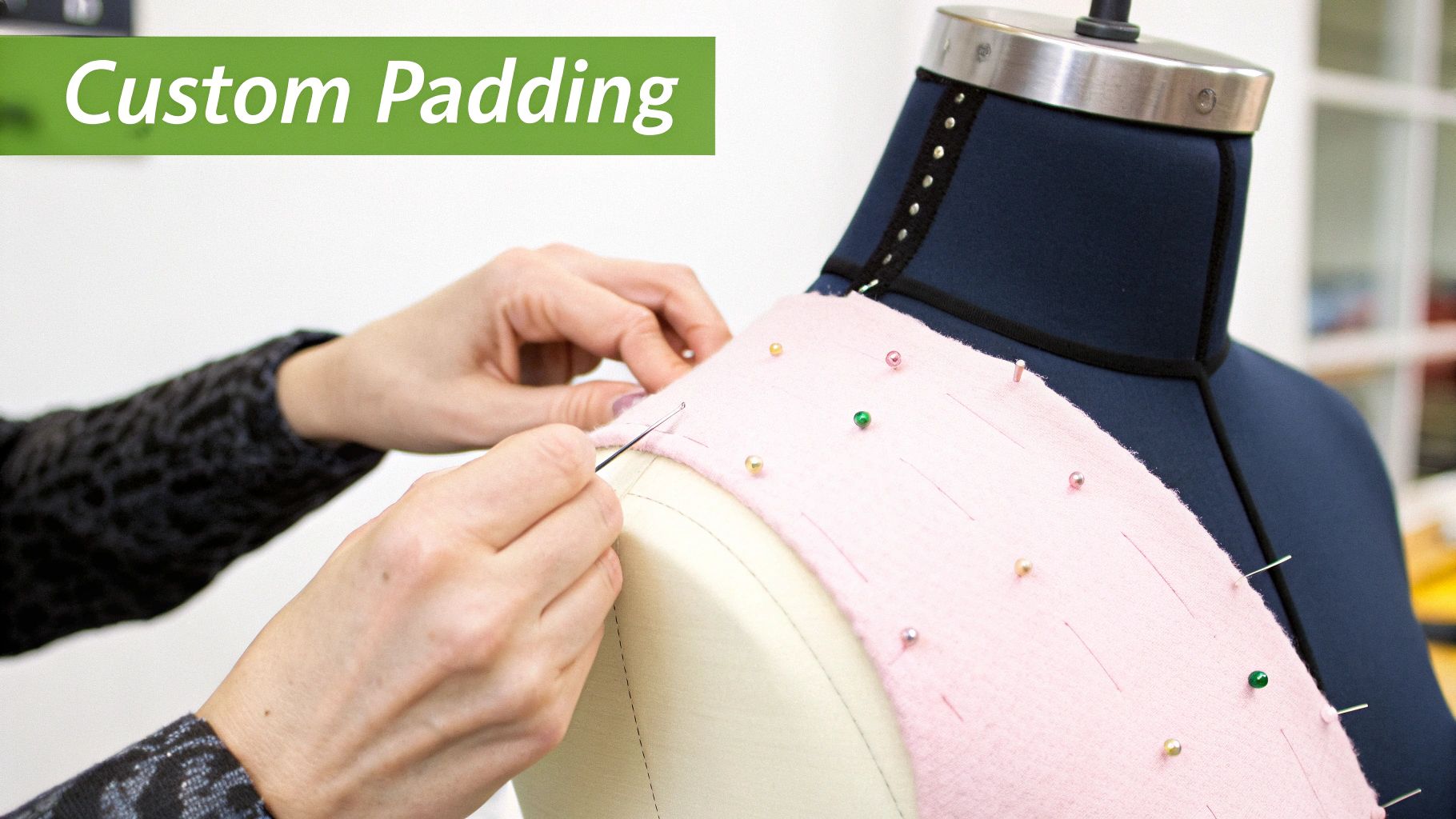 A person's hands sewing pink fabric onto a dark blue tailor's dummy for custom padding.
