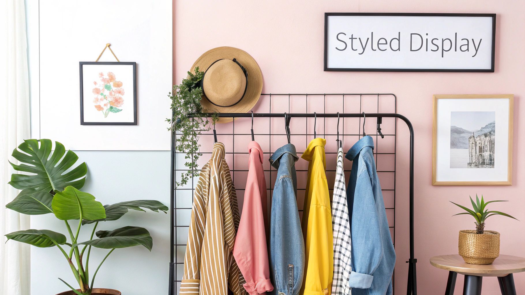 A stylish room with a black clothes rack displaying colorful shirts, plants, and framed art.