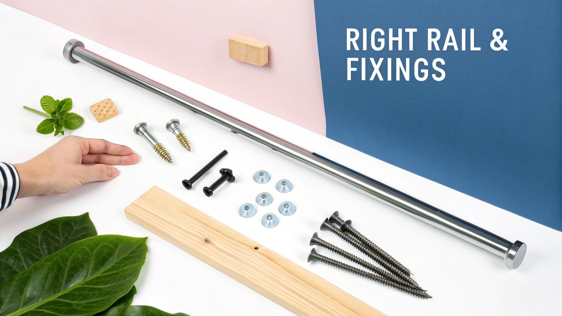 A flat lay of a chrome wardrobe rail, screws, washers, and various fixings.