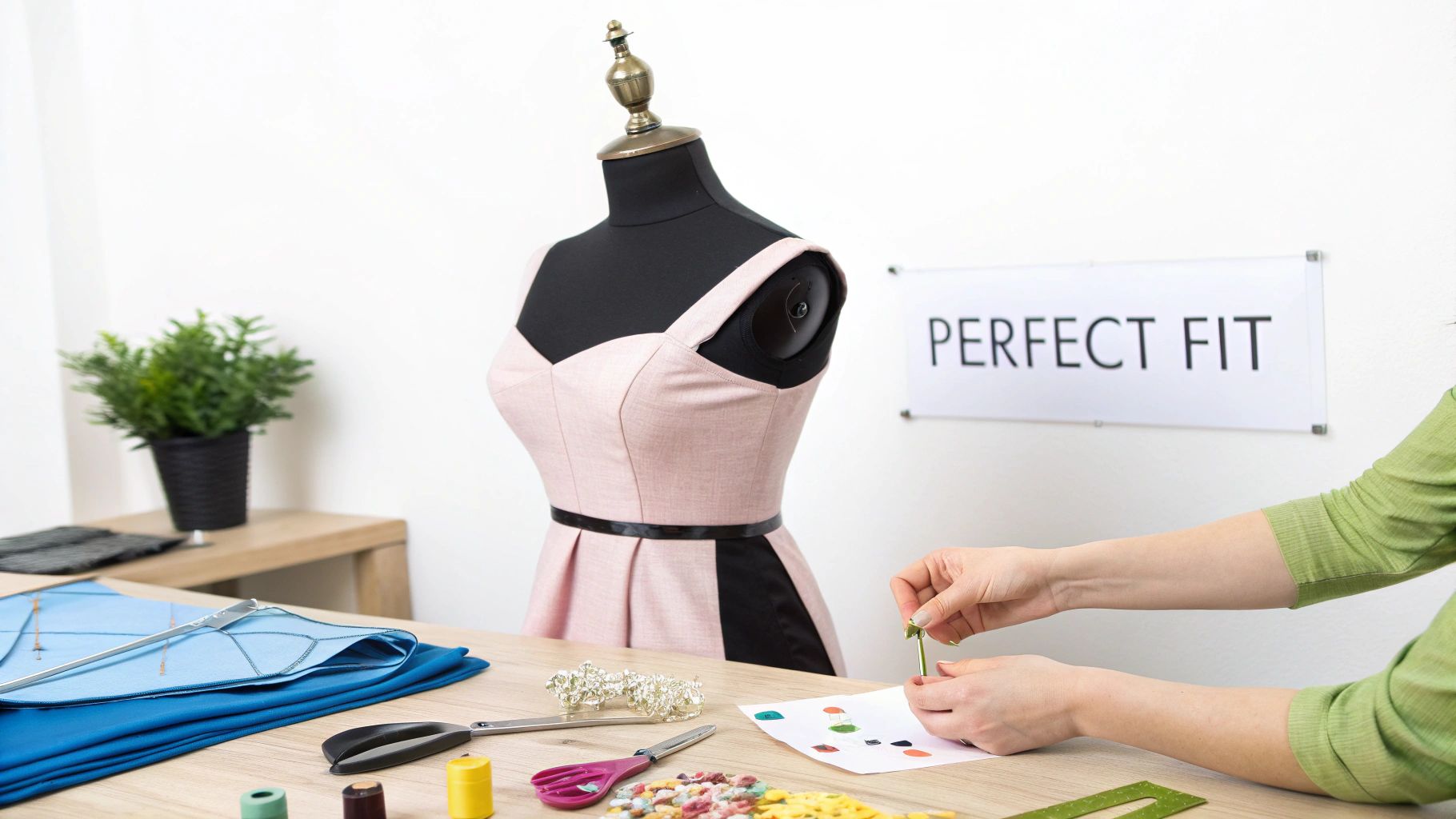 A tailor's workspace with a mannequin wearing a pink dress, surrounded by sewing materials, and hands working on an embellishment.