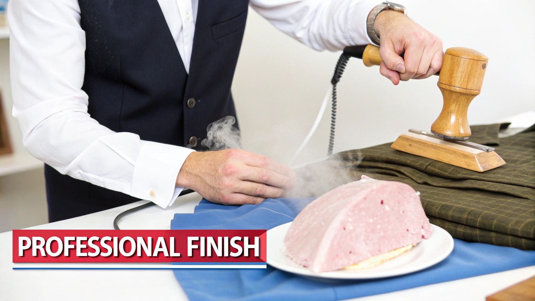 A tailor uses a steam iron and a wooden pressing ham on fabric, with a meat ham in the foreground.