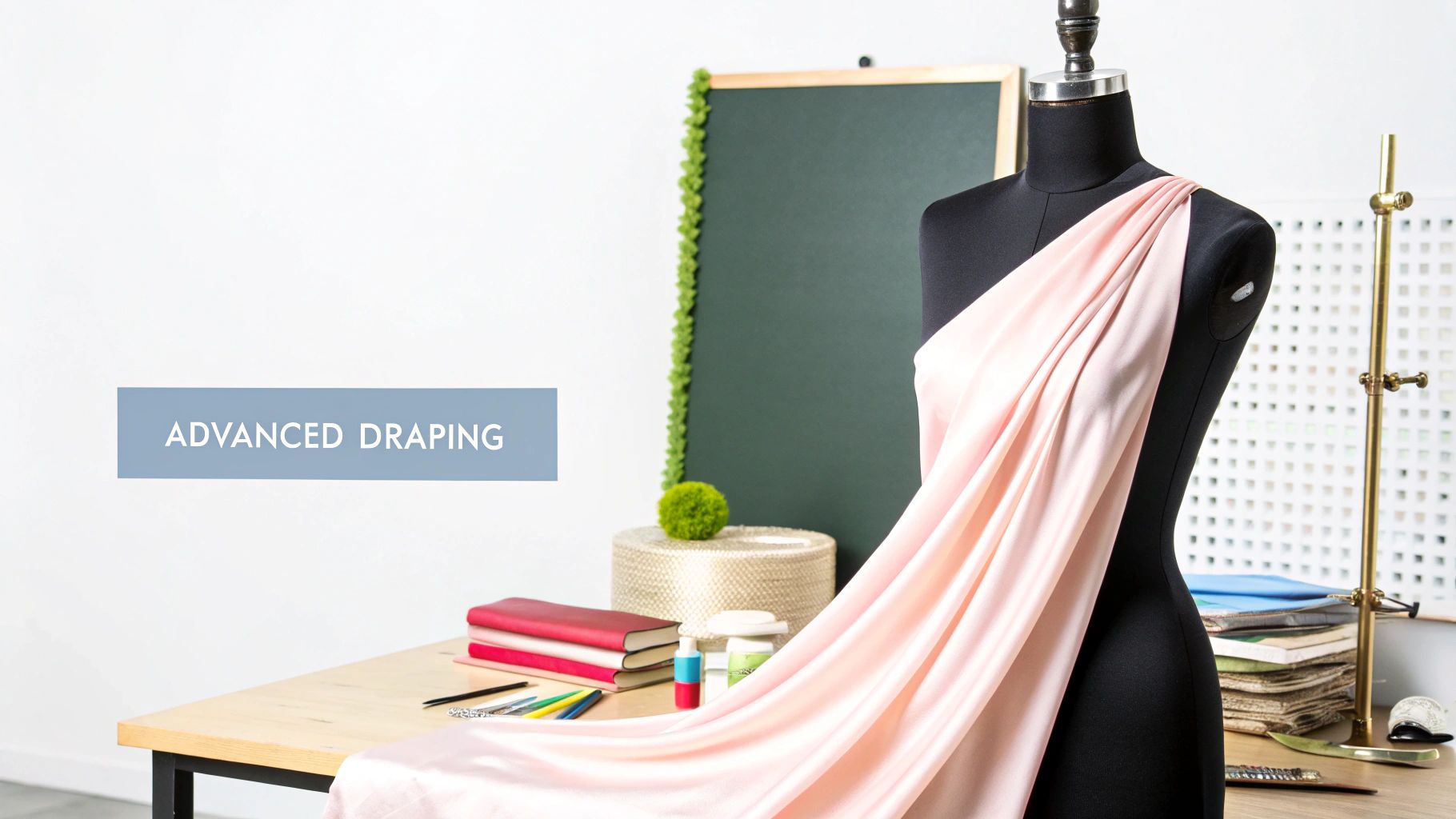 A dressmaker draping white fabric on an adjustable dressmaker form to create a pattern