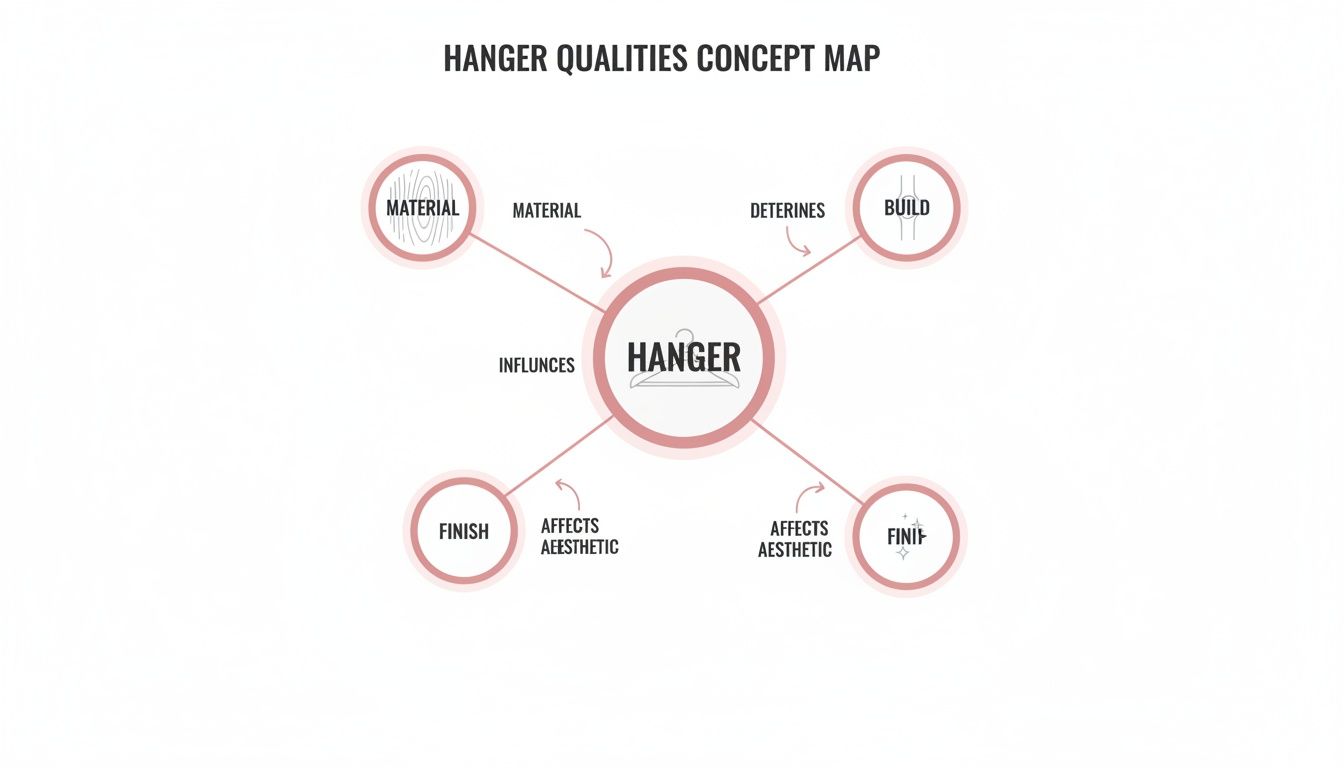 Concept map illustrating key hanger qualities: material, build, and finish, and how they influence the hanger.