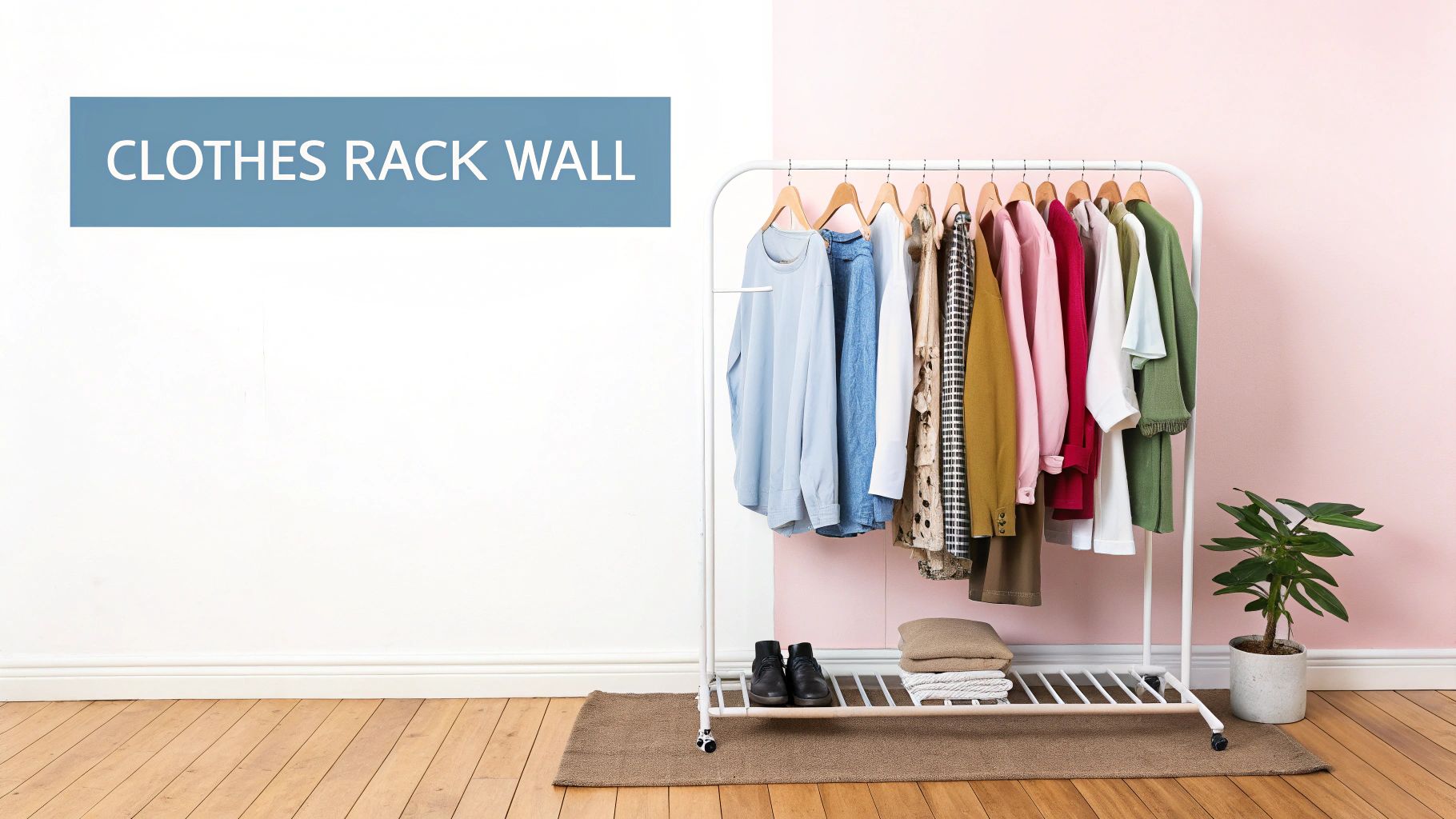 A stylish clothes rack wall in a modern bedroom, showcasing organized clothing and accessories.