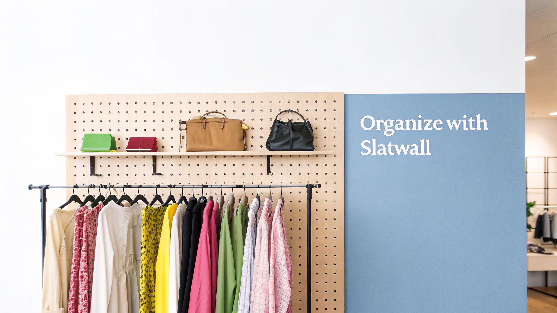 A well-organized store display featuring a wooden slatwall with a shelf, various handbags, and a clothing rack filled with colorful clothes.