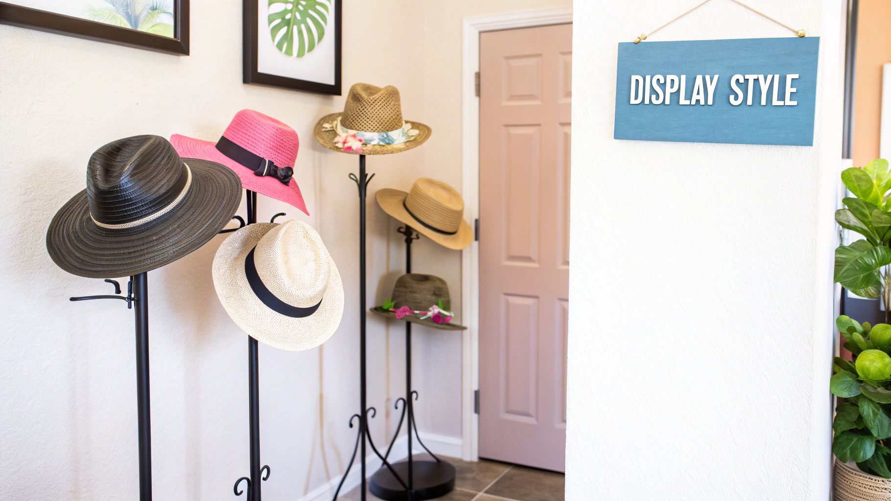 A minimalist white wall adorned with a variety of stylish hats, creating a feature display.