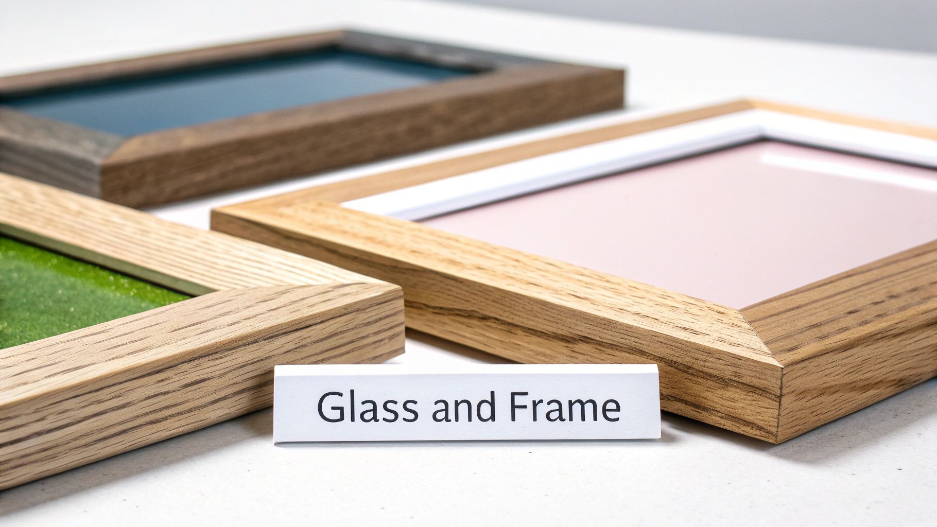 Close-up of various wooden picture frames with pink, green, and blue inserts, and a 'Glass and Frame' sign.