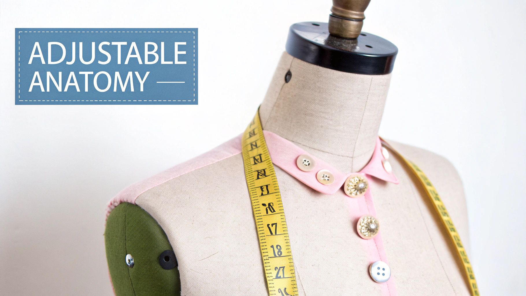 Adjustable dress form with a measuring tape, pink placket, and decorative buttons.