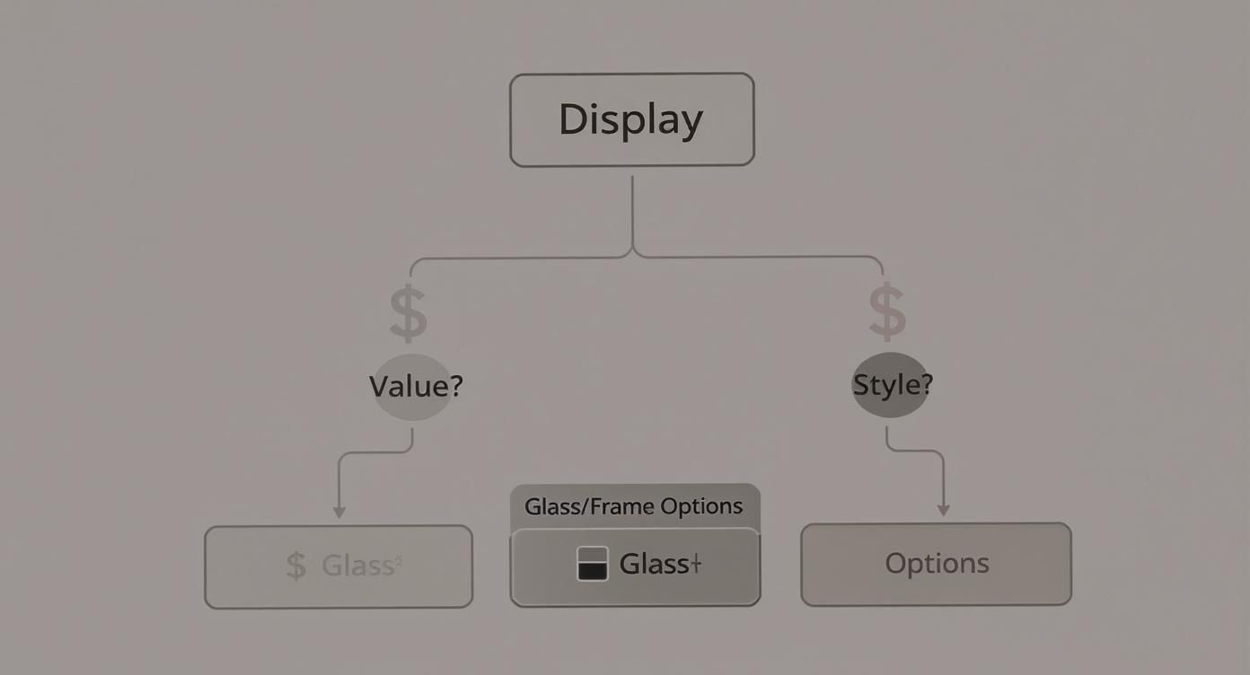 Flowchart showing display cabinet decision tree with value, style, glass frame options and pricing considerations