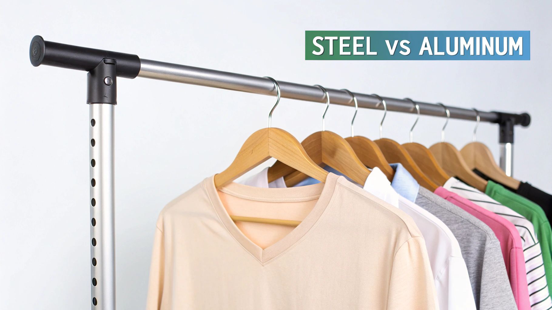 A minimalist wooden clothes rail with black brackets mounted on a white wall, displaying a few garments.