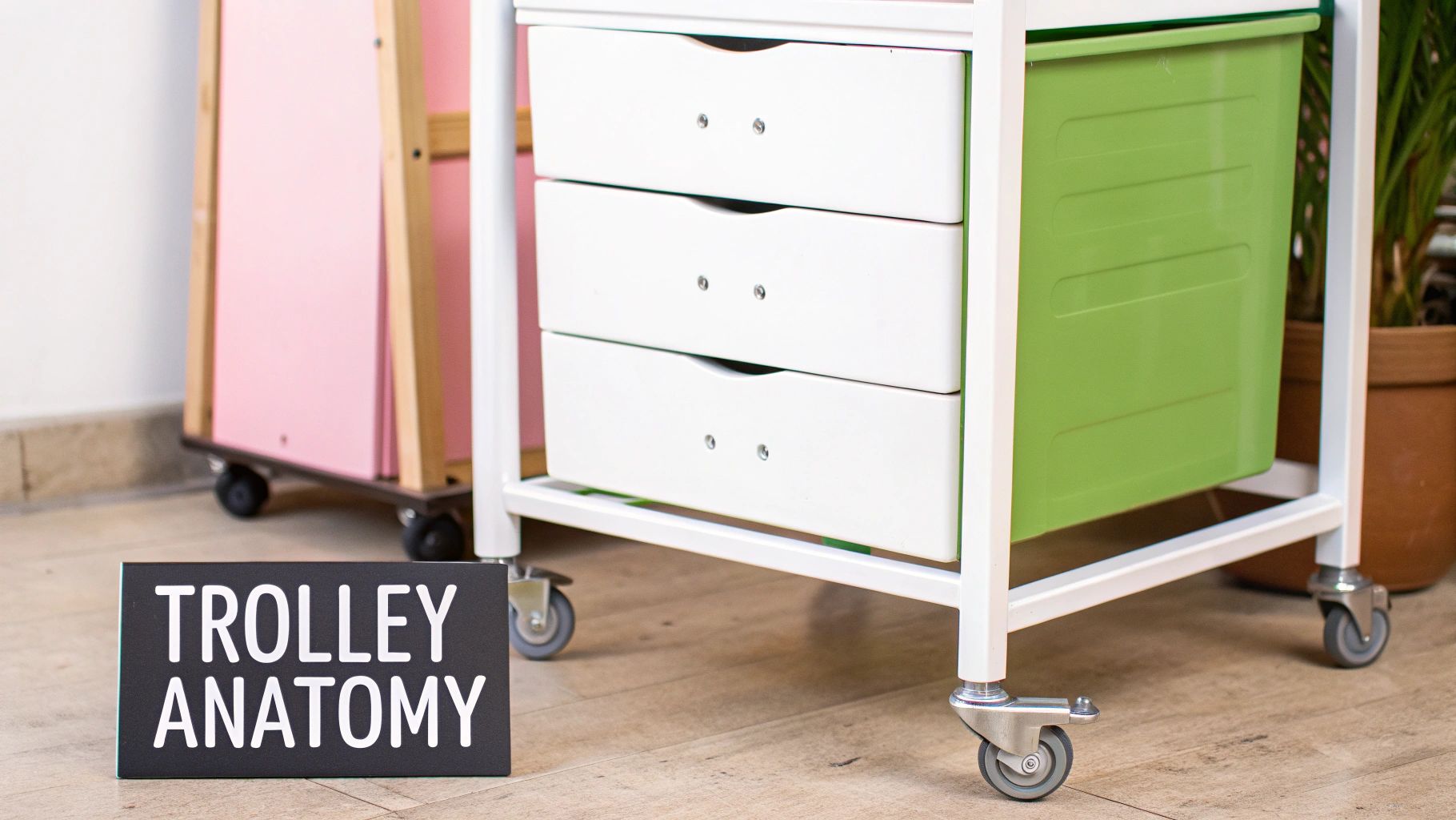 A white storage trolley with three white drawers, a green bin, and wheels, next to a "TROLLEY ANATOMY" sign on the floor.