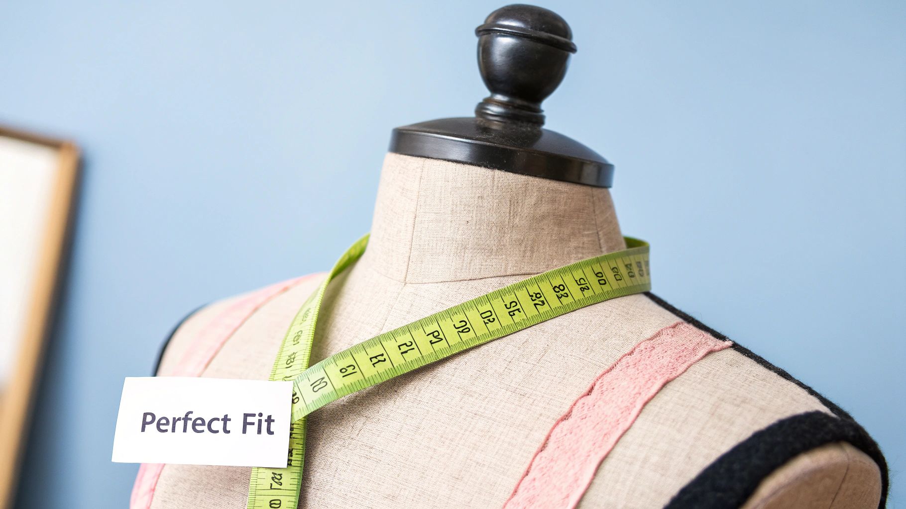 A black tailor dummy male torso on a wooden stand in a well-lit workshop, with rolls of fabric in the background.