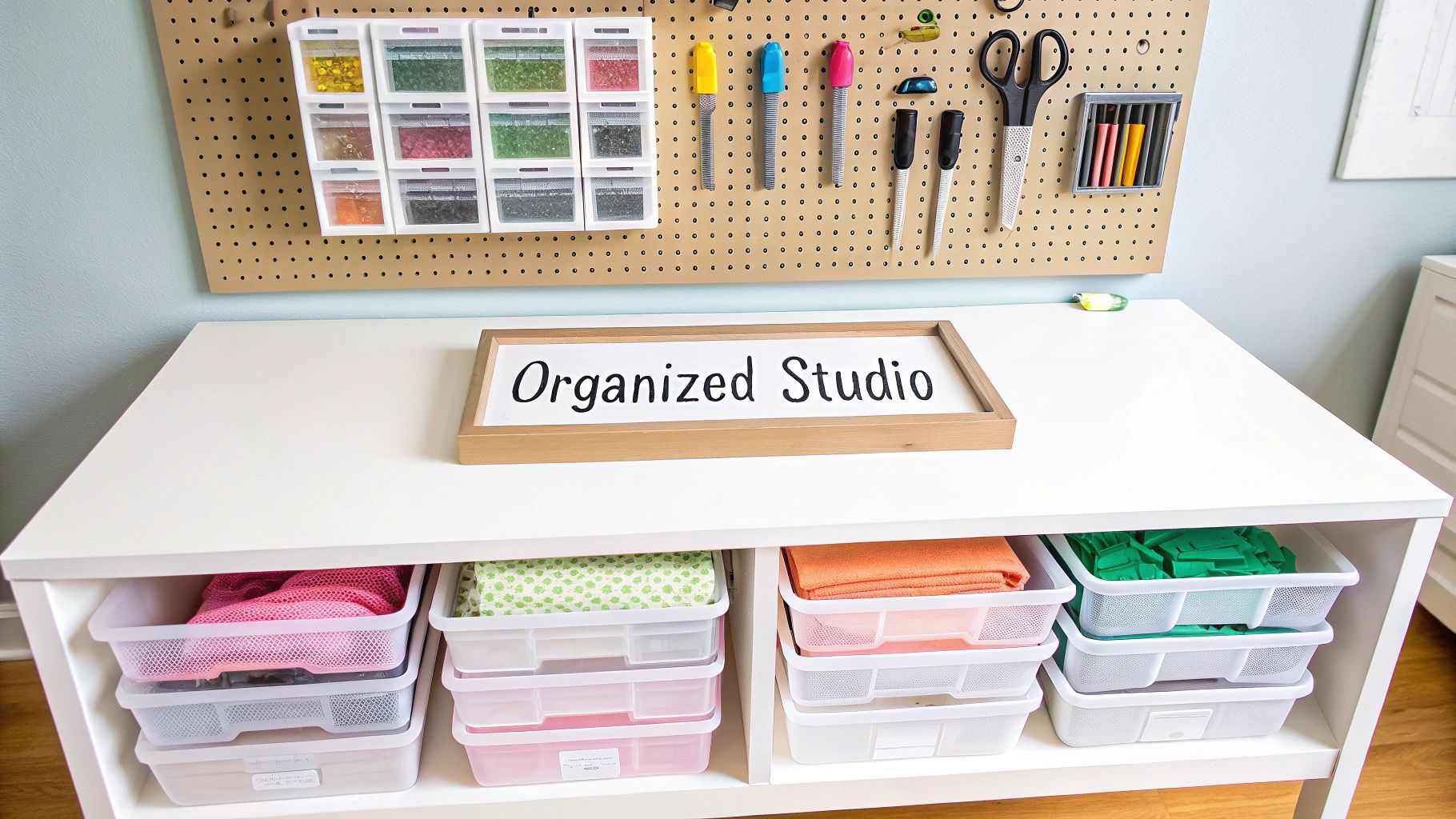 An organized craft studio features a white desk with under-desk storage bins and a pegboard holding supplies.