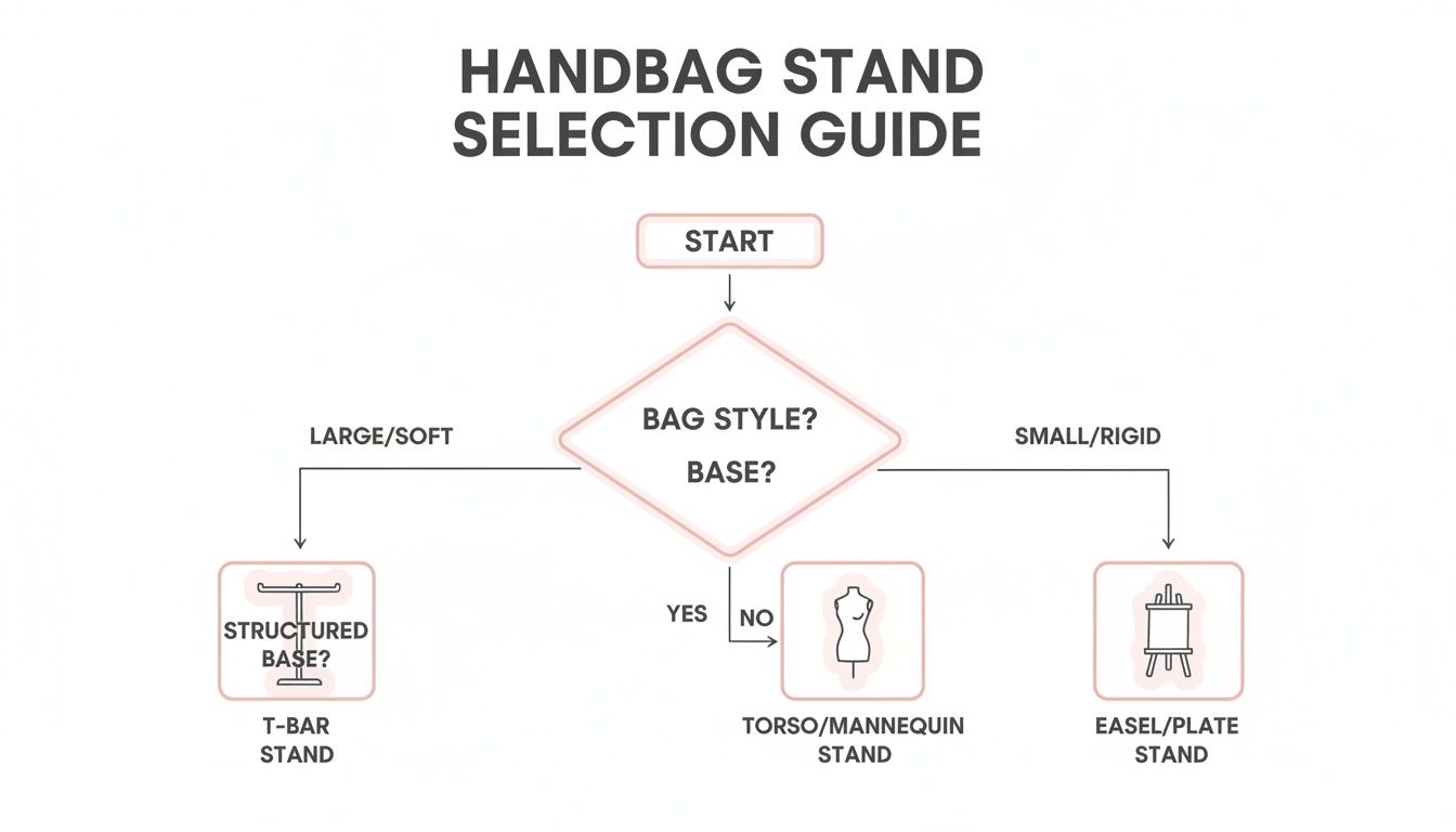 Flowchart guiding handbag stand selection based on bag style, size, and base structure.