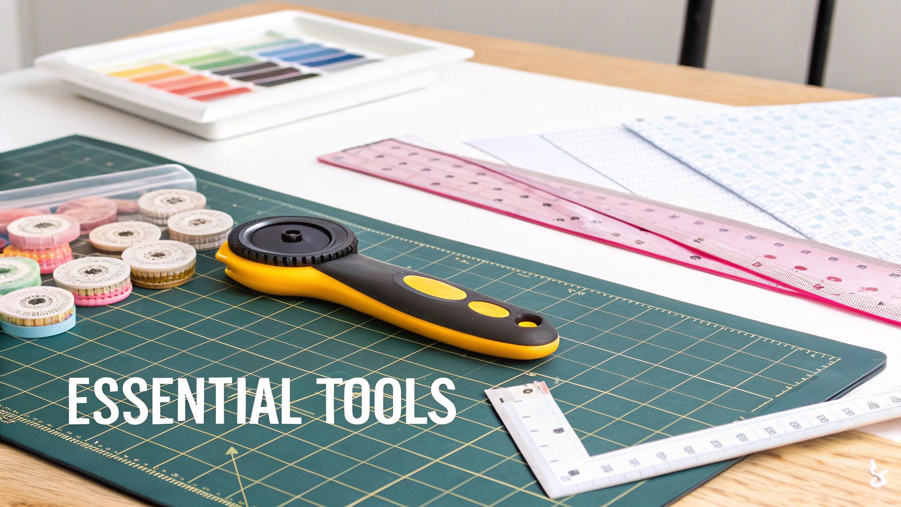 A crafting workspace with a green cutting mat, rotary cutter, rulers, colorful threads, and fabric swatches.