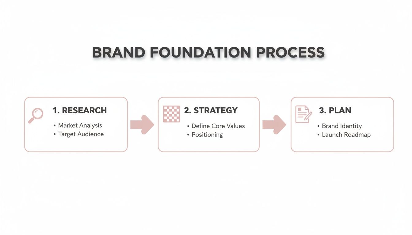 A three-step Brand Foundation Process diagram, illustrating research, strategy, and plan phases for building a brand.