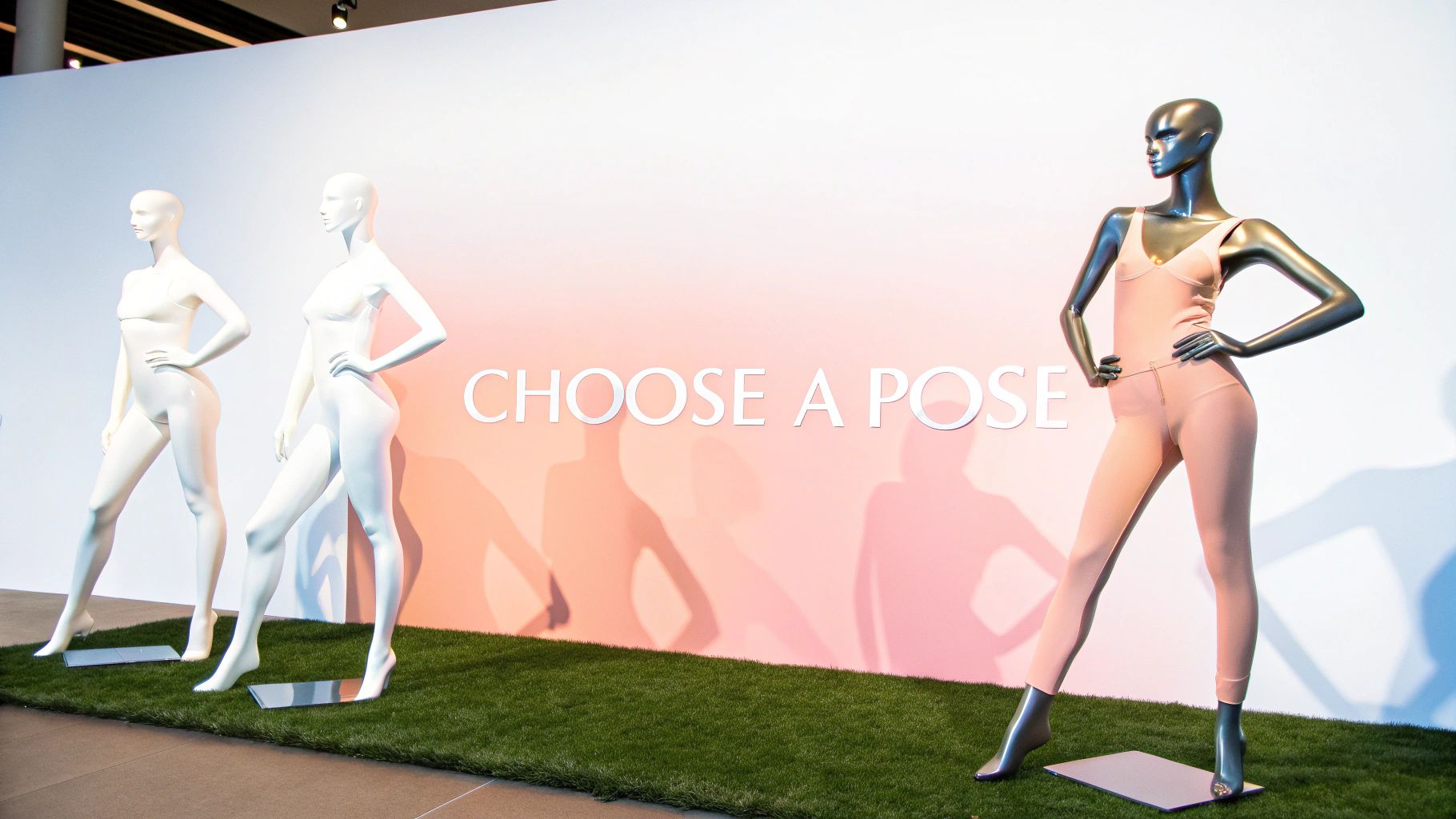 Display of three full-body female mannequins in activewear with 'CHOOSE A POSE' text.