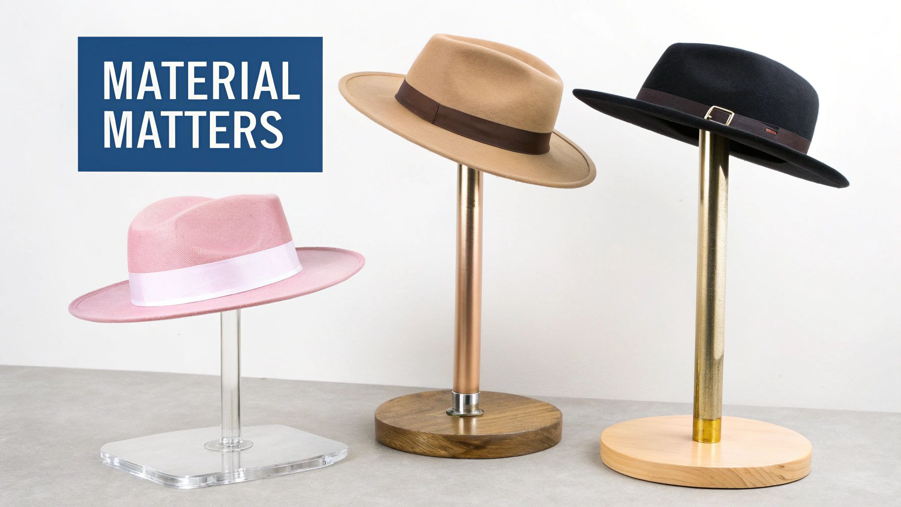 Three elegant fedora hats displayed on different metallic stands with material matters sign