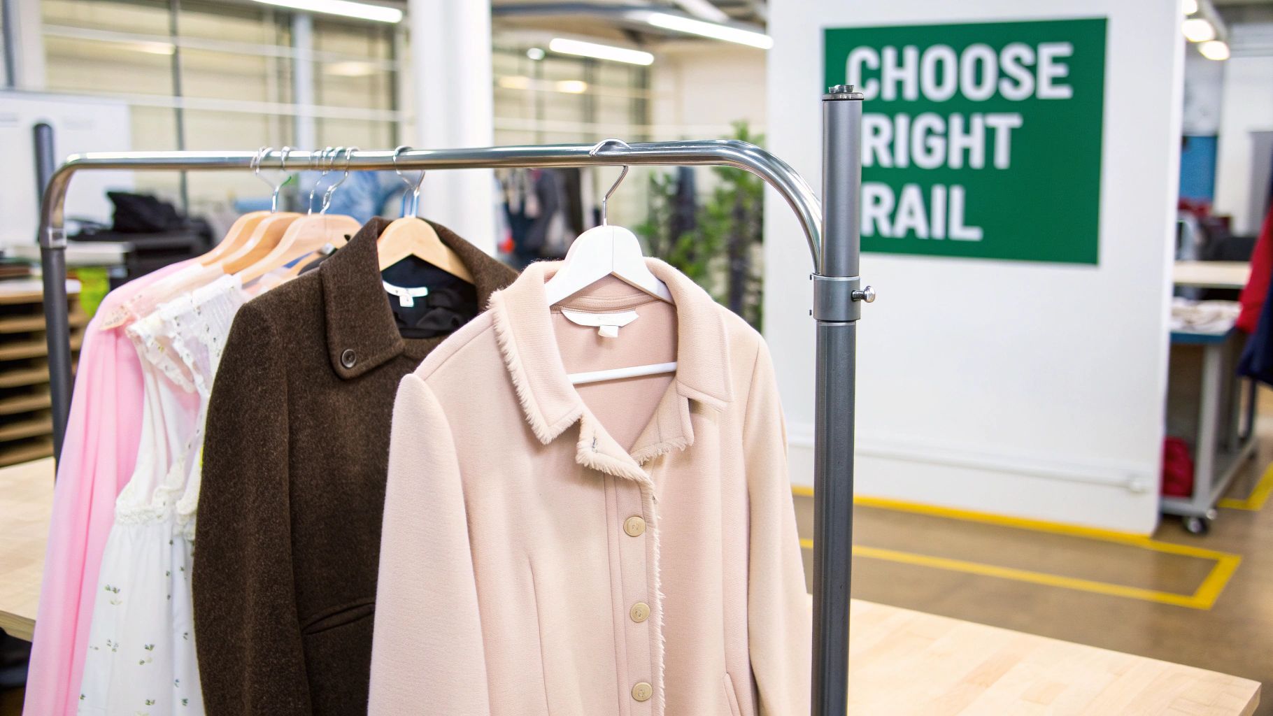 Clothing items on a wardrobe rail, including coats and dresses, with a 'CHOOSE RIGHT RAIL' sign visible.