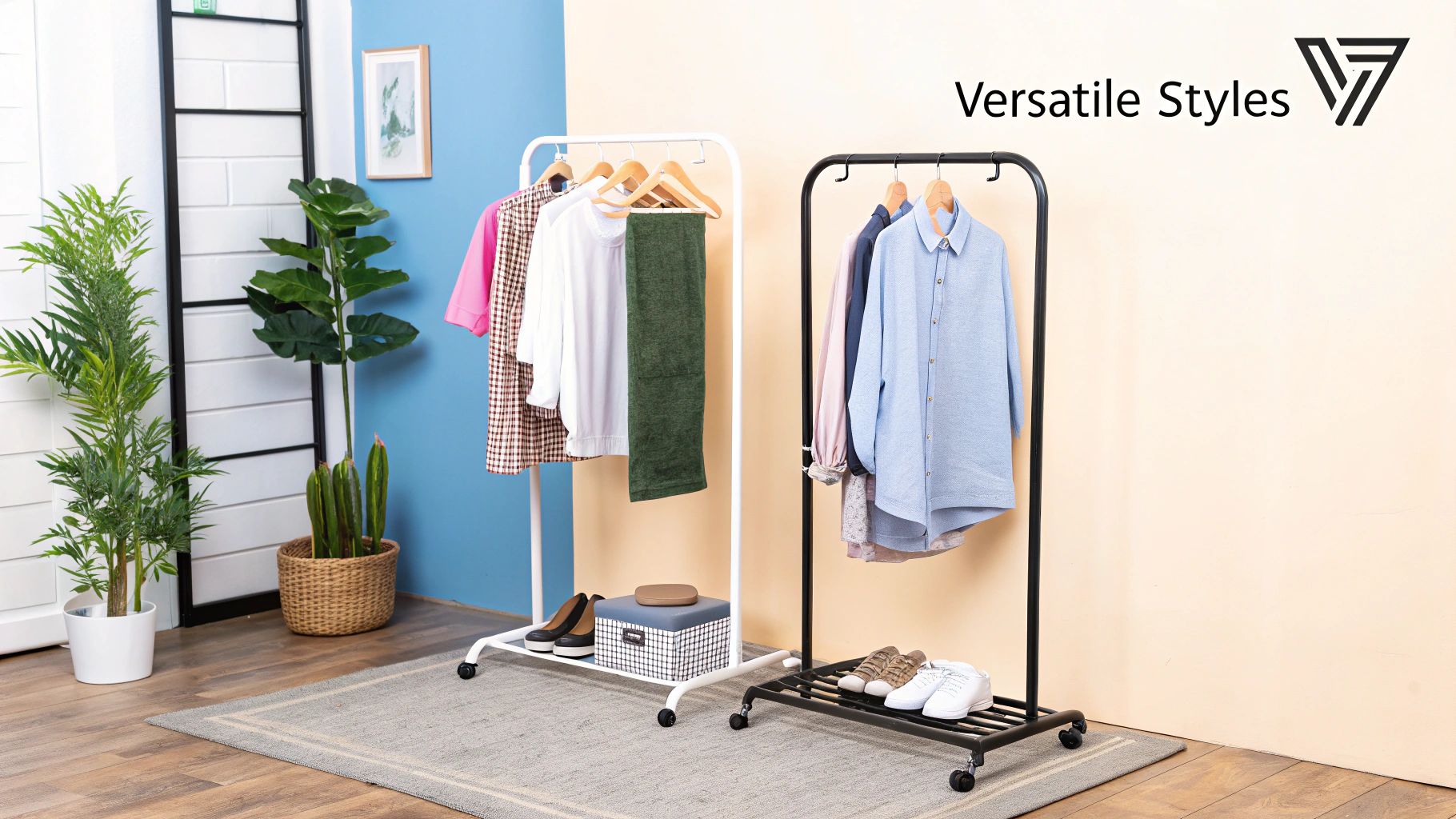 A portable clothing rack in a well-lit room, neatly organised with various clothes, suggesting a smart purchasing decision.