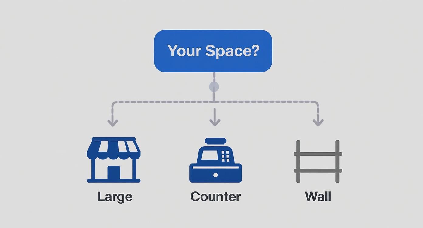 Flowchart showing three retail space options: large storefront, counter display, and wall-mounted greeting card display rack