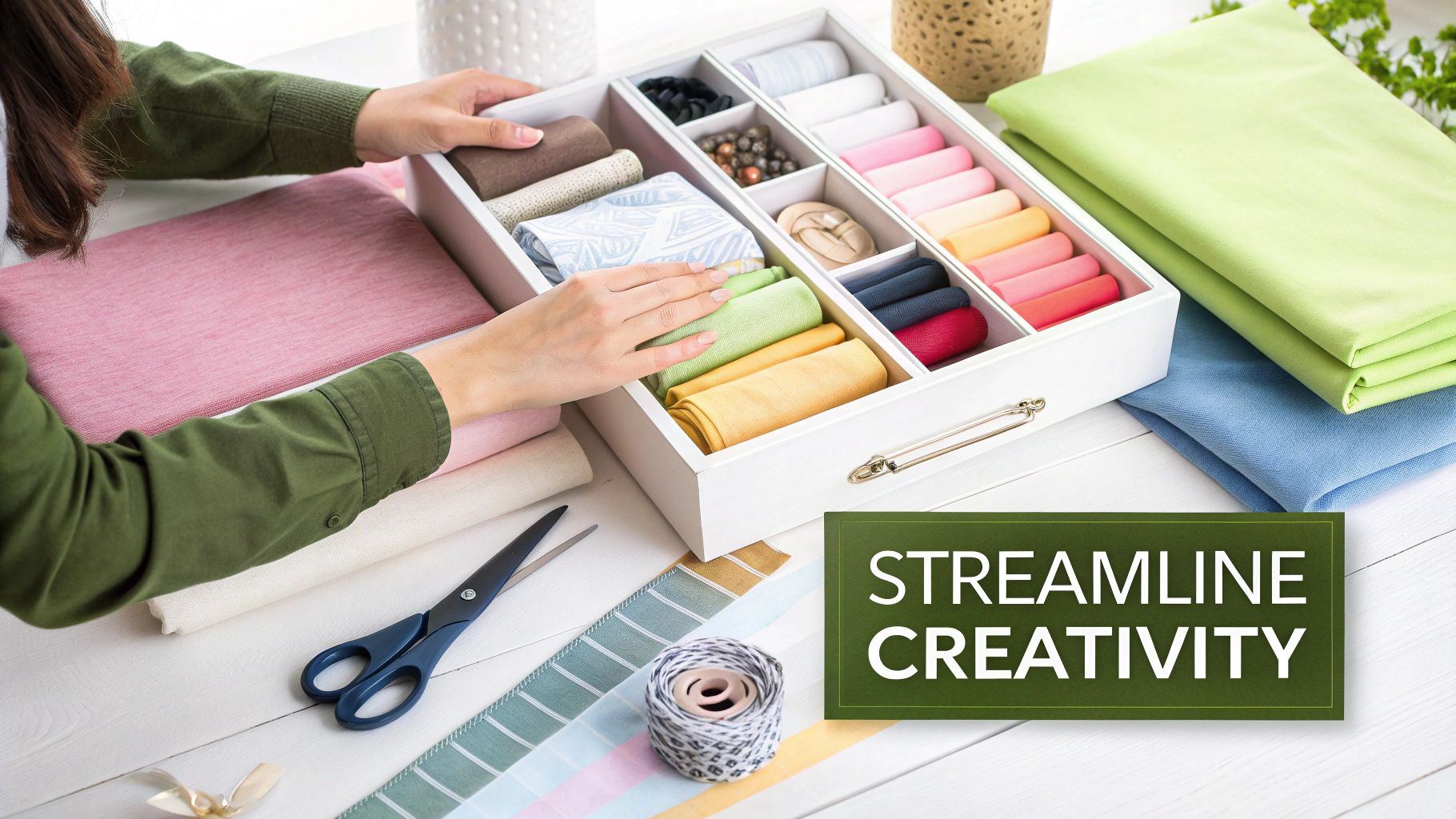 A person's hands organize colorful fabrics, ribbons, and sewing notions in a white multi-compartment drawer on a wooden table.