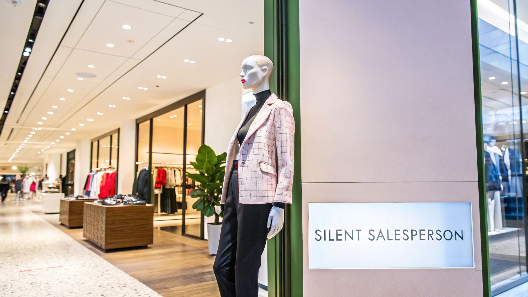 A collection of well-styled mannequins standing in a modern clothing shop.