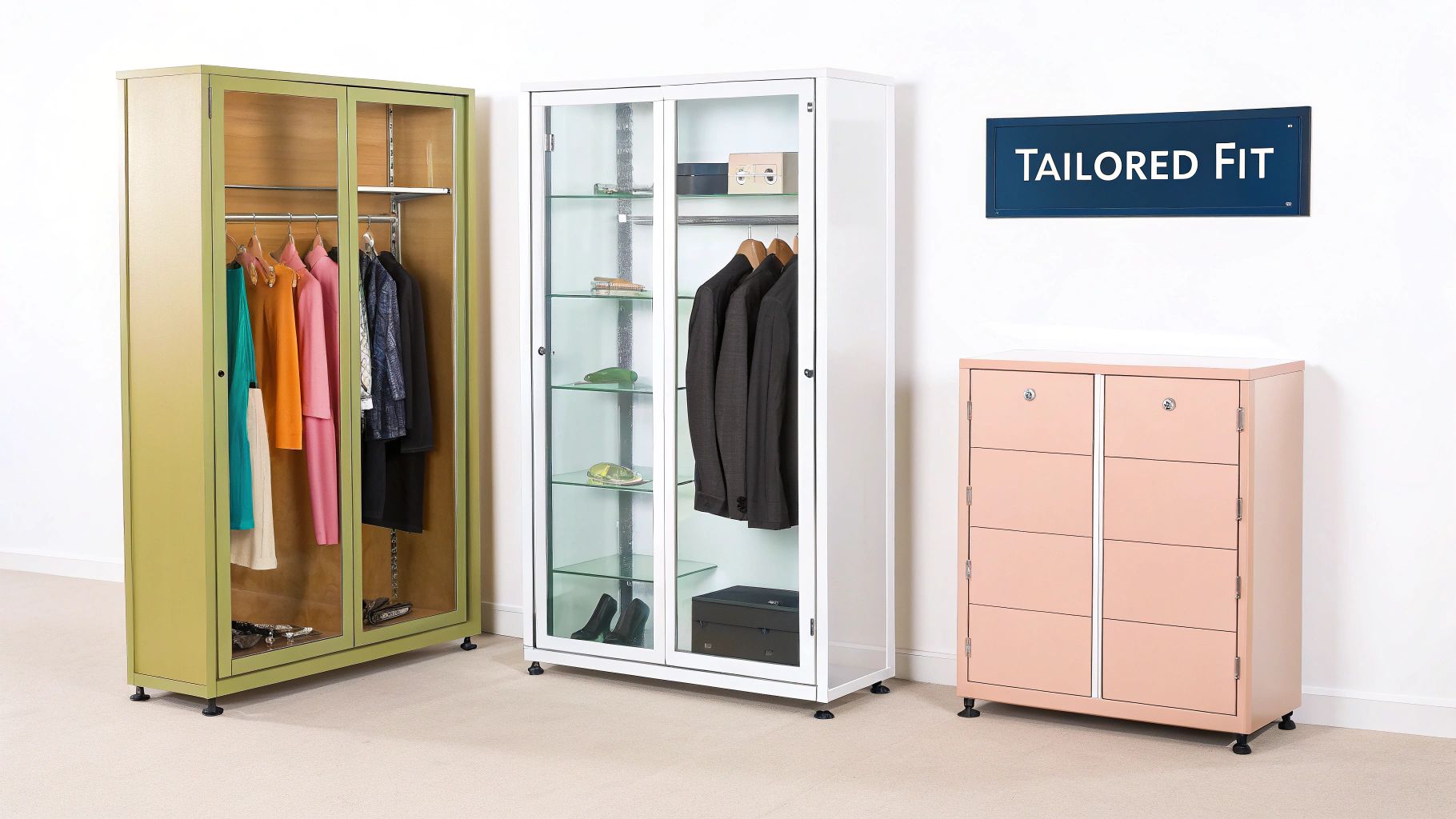 Three modern storage cabinets with glass doors displaying organized clothing and shelves with tailored fit sign