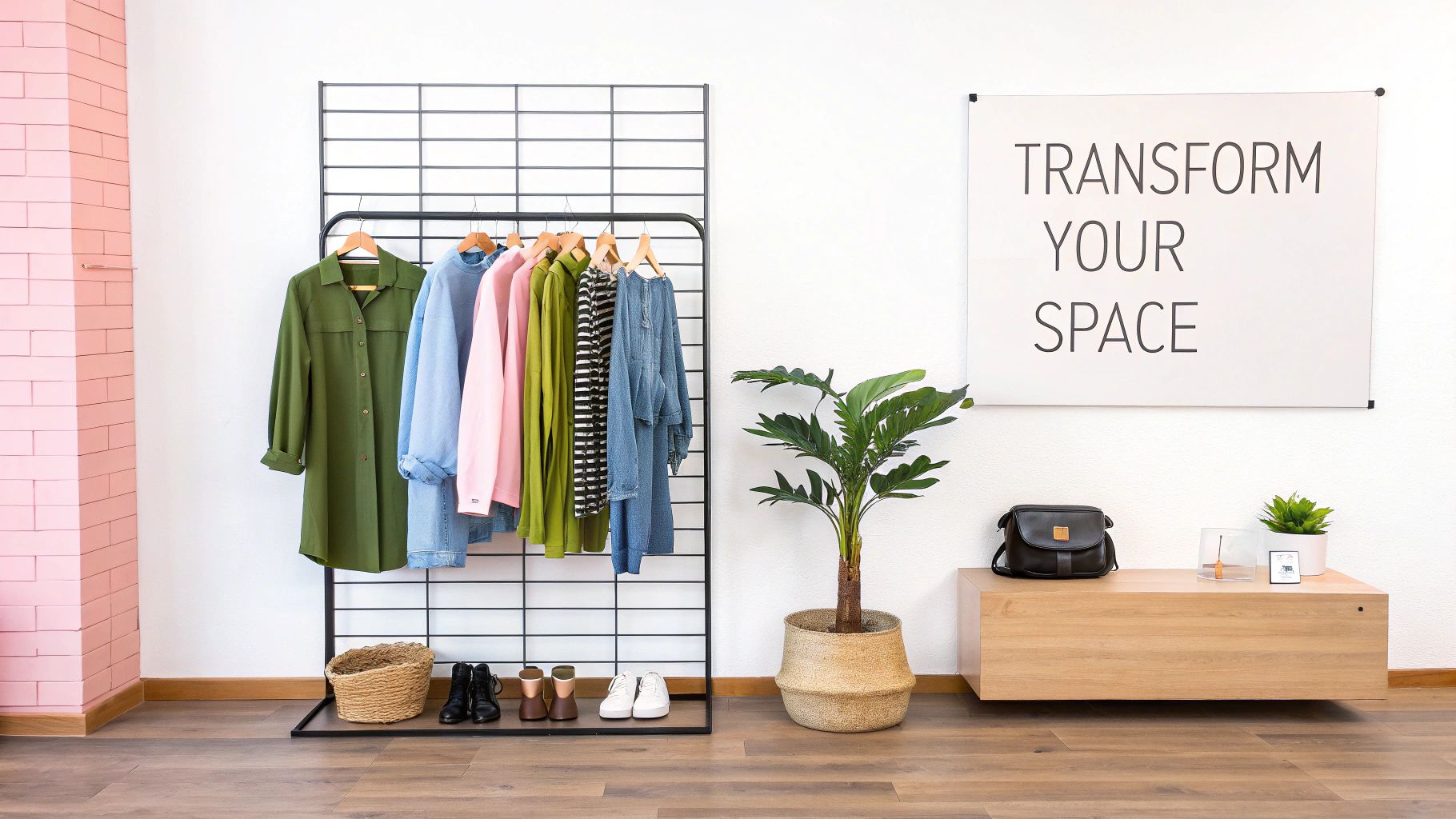 A stylish clothing rack with various outfits, plants, and a 'Transform Your Space' sign.