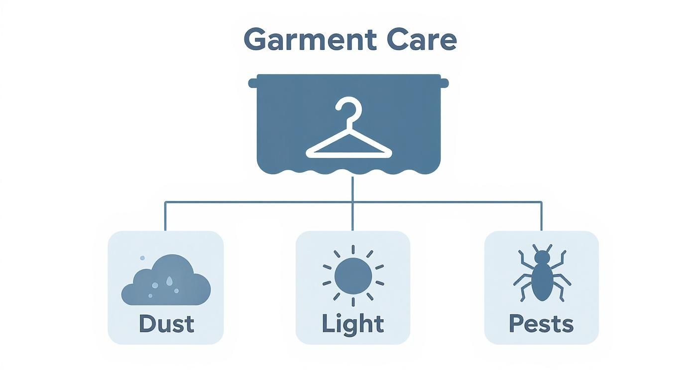 Infographic showing garment care protection from dust, light, and pests with hanger icon