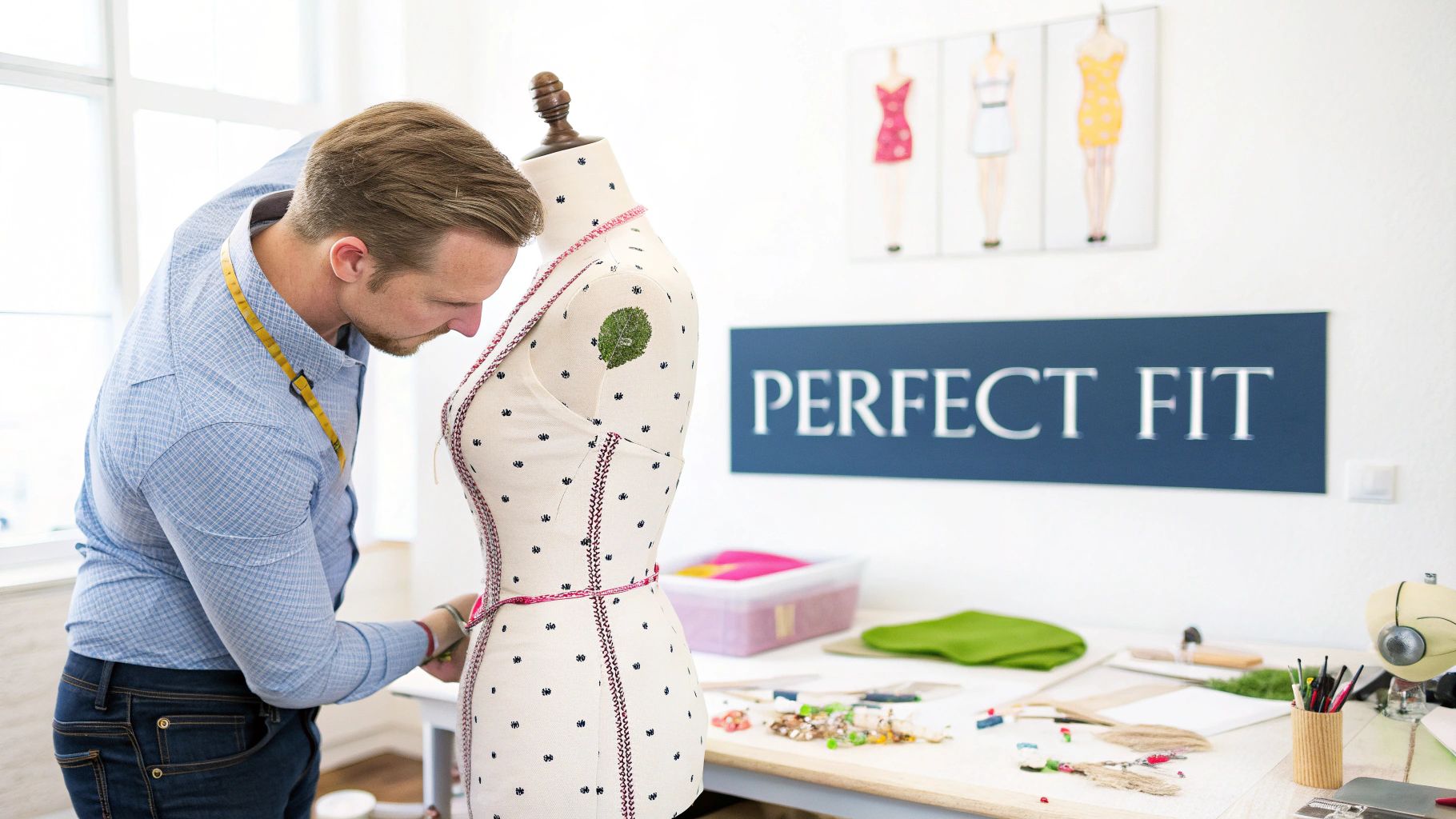 A male fashion designer meticulously adjusts a dress form in a bright studio.