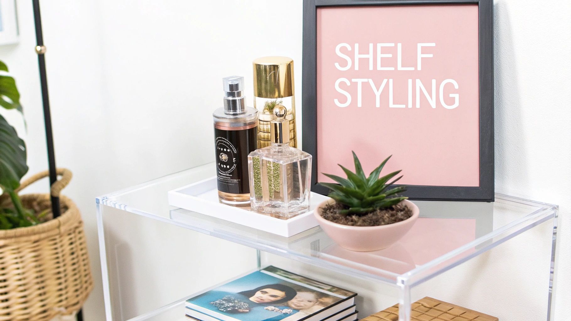 A stylish clear acrylic display shelf featuring perfumes, a succulent, and a 'SHELF STYLING' framed artwork.