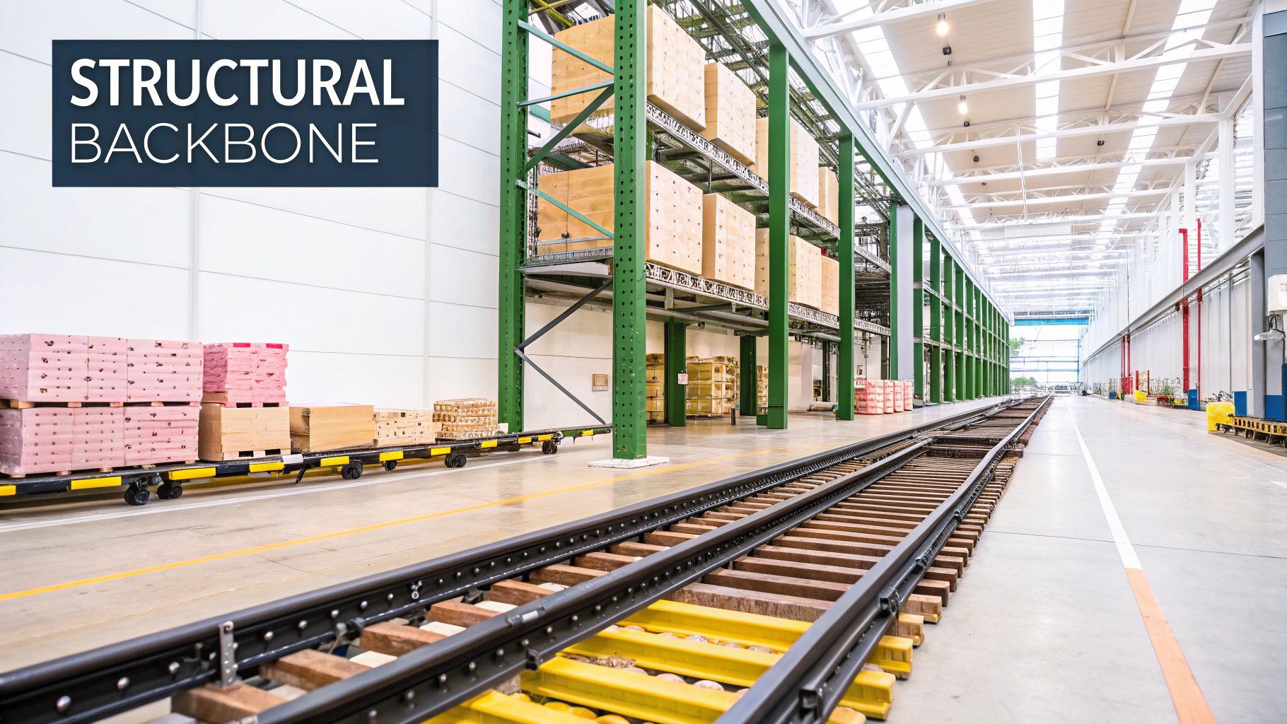 A selection of heavy duty rails mounted on a wall.