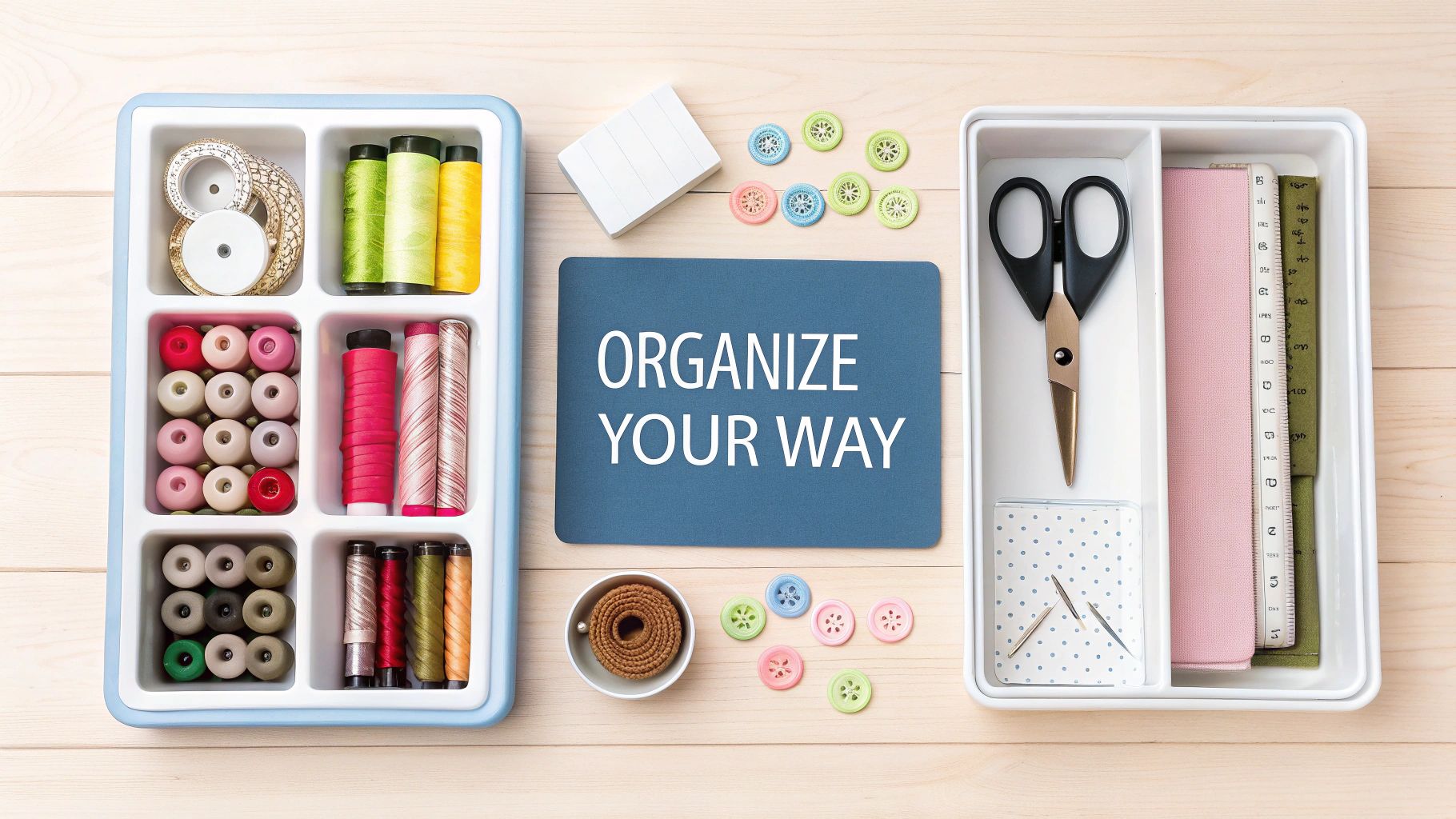 Craft supplies neatly organized in white trays on wood, with thread, beads, scissors, and a 'Organize Your Way' sign.