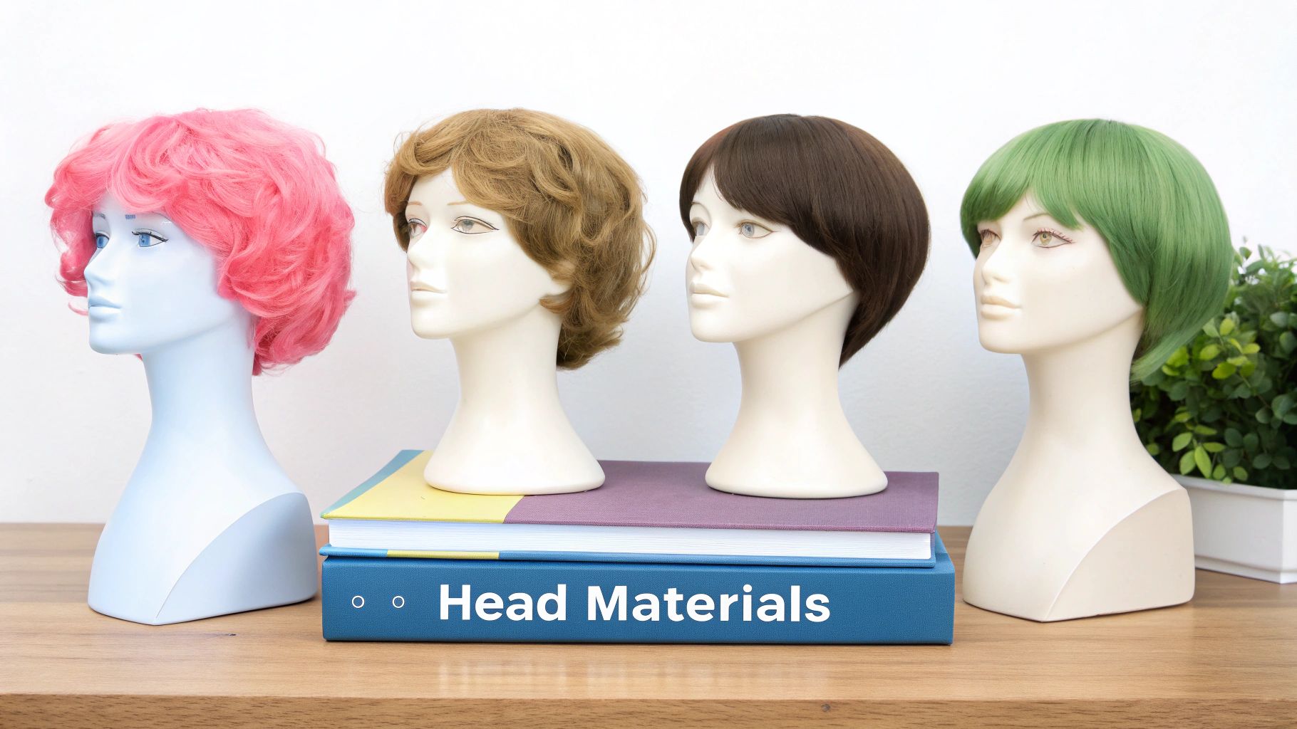 Four mannequin heads displaying colorful wigs, including pink, blonde, brown, and green, resting on books.