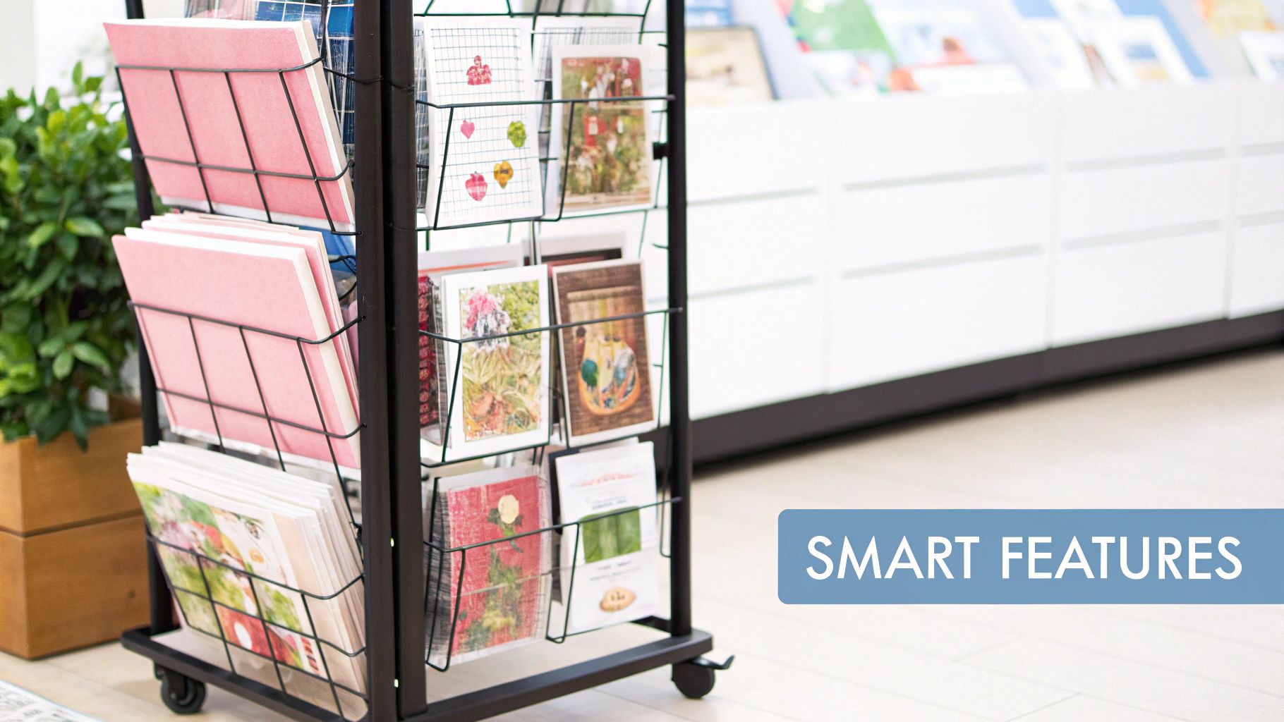 Close-up of a greetings card display rack showing tiered pockets
