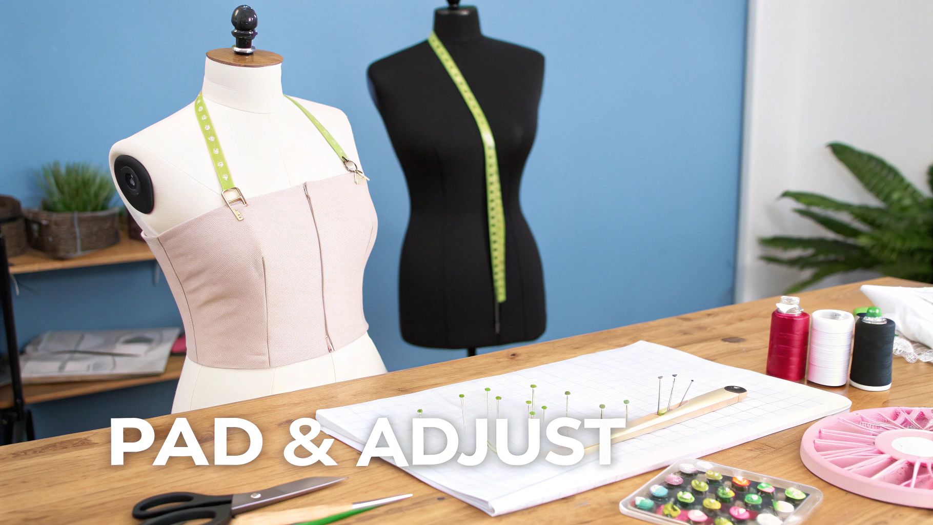 Two dress forms, one wearing a garment, on a table with various sewing tools. Text reads PAD & ADJUST.