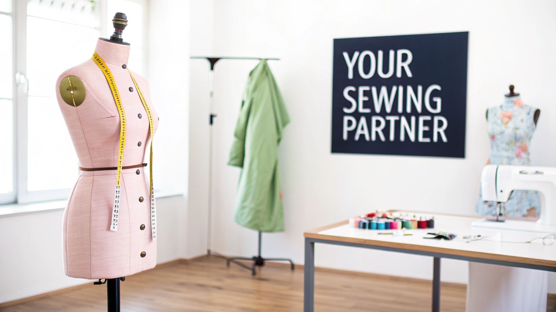 A person adjusting a sewing mannequin in a well-lit studio