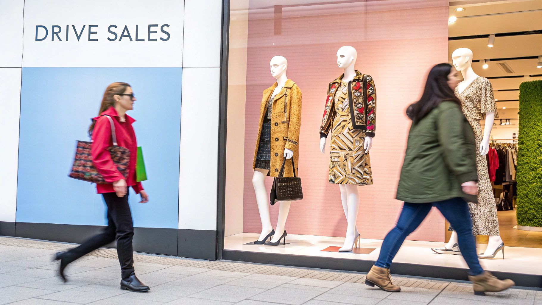 A well-styled dummy for clothes in a brightly lit retail window display.