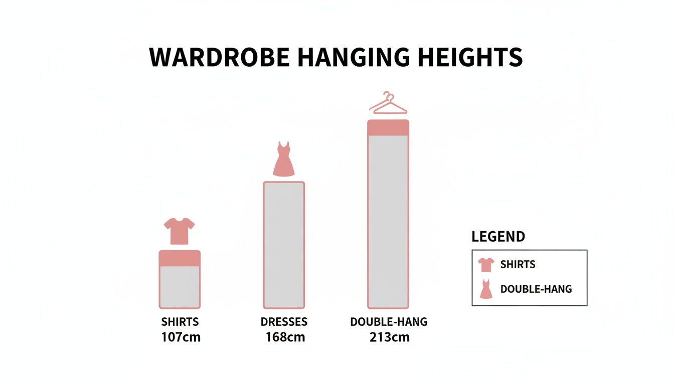Infographic displaying wardrobe hanging heights for shirts, dresses, and double-hang clothing items.